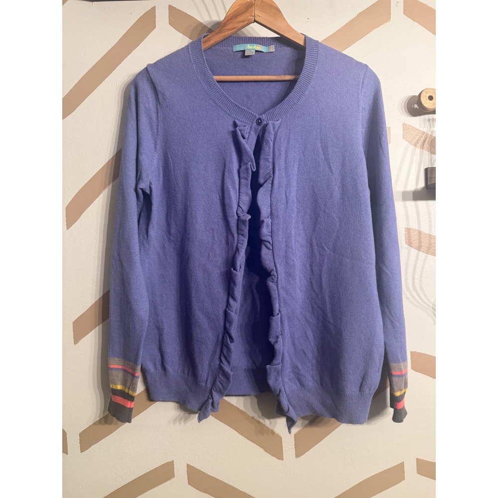 Boden Cardigan Women US 10 Purple Ruffle Front Cashmere Angora Blend WK653